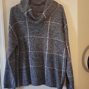 Zoe+Phoebe cowl neck lattice striped heather blue sweater